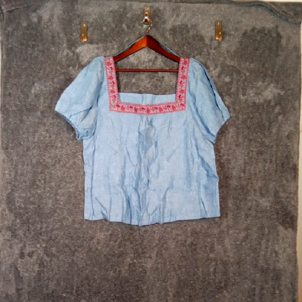 Boden Blue Puff Sleeve Boxy Blouse Linen Boho Embodered Womens 20-22